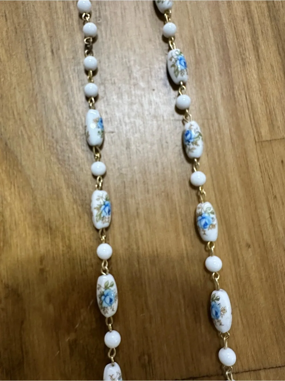 Delicate Vintage White and Blue Porcelain 12” Bead Necklace - Women's Jewelry